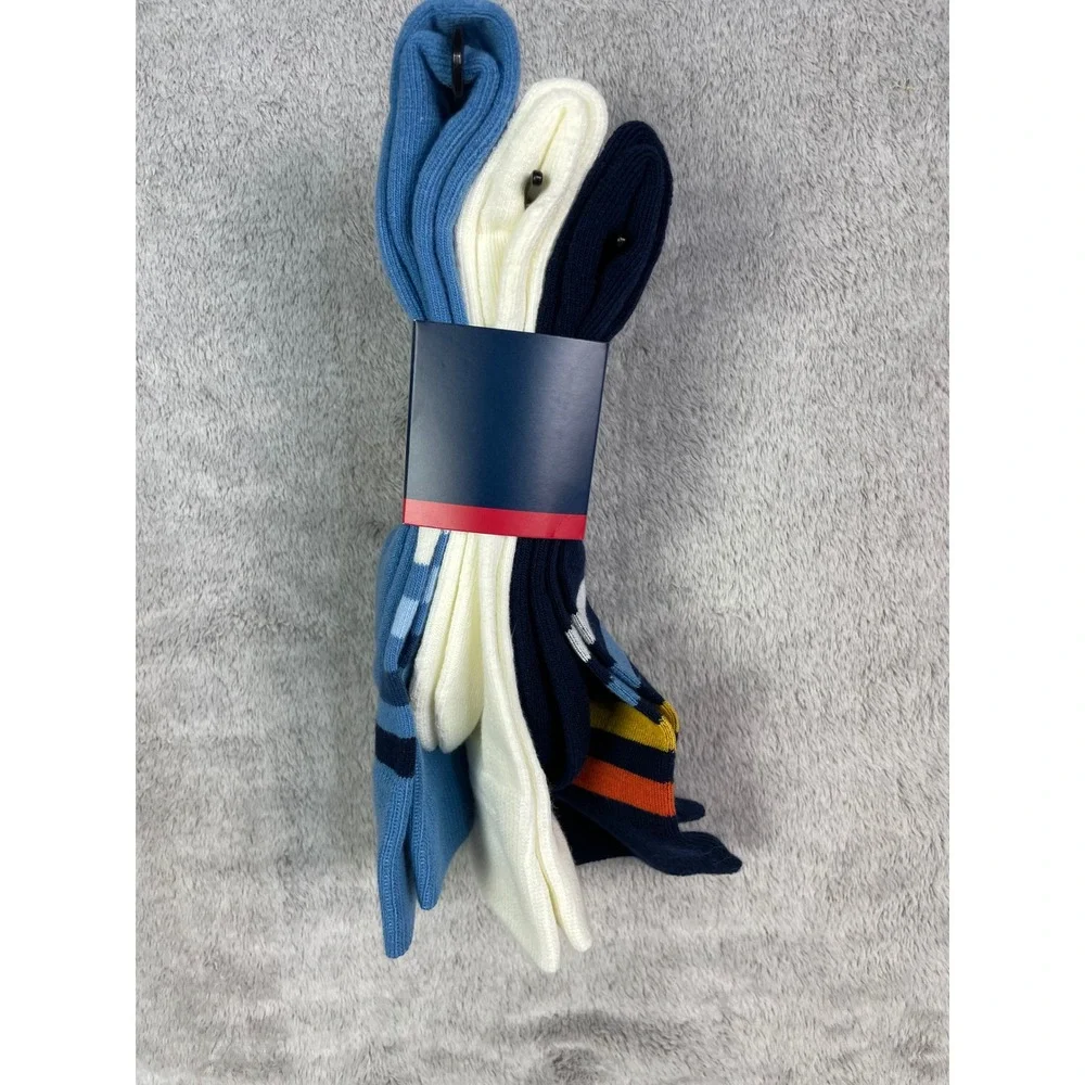 ⁠NEW Mens 3 Pack Casual Crew Socks Navy Blue Stripe White Half Cushion 6-12.5⁠